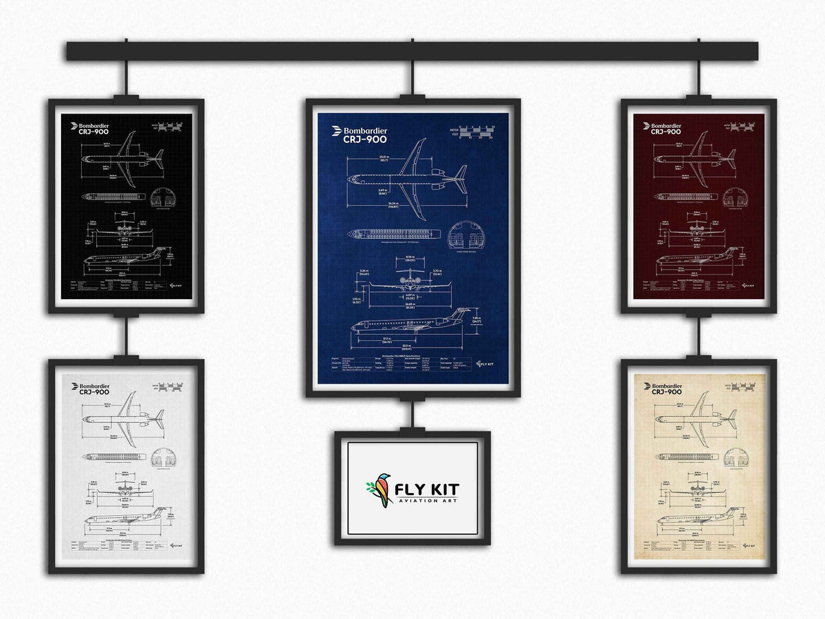 Bombardier CRJ-900 Portrait Blueprint Poster by FlyKit in multiple colors showing detailed aircraft design