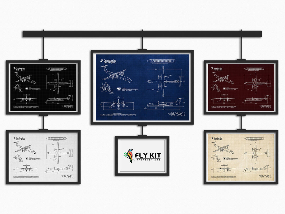 FlyKit Bombardier DHC-8 Q400 Landscape Blueprint Poster print material in multiple color variations
