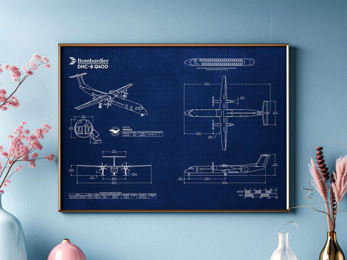 Bombardier DHC-8 Q400 Landscape Blueprint Poster by FlyKit showing detailed aircraft technical drawings