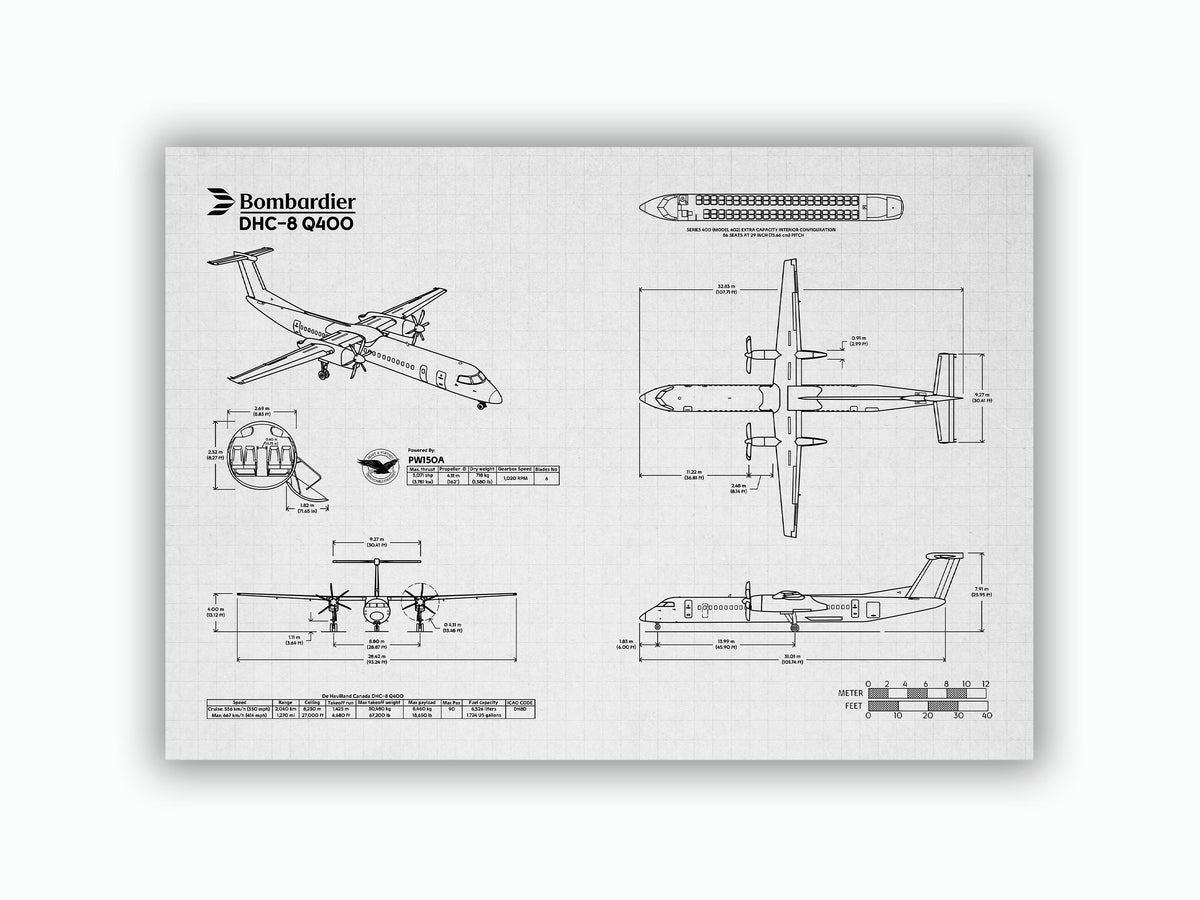 Bombardier DHC-8 Q400 Landscape Blueprint Poster showing detailed aircraft technical drawings and measurements