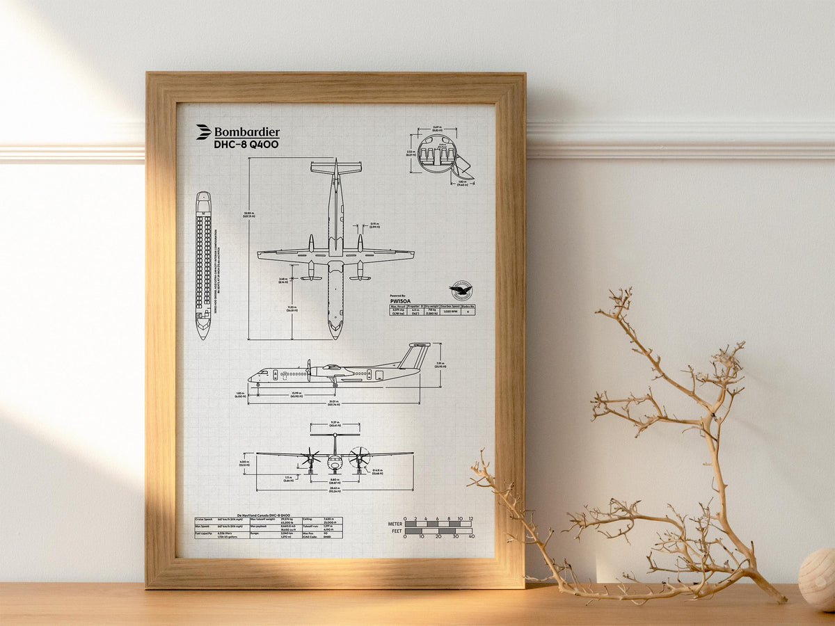 FlyKit Bombardier DHC-8 Q400 Portrait Blueprint Poster in wooden frame leaning against wall