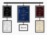 Embraer E170 Portrait Blueprint Poster designs in various colors by FlyKit displayed hanging on a wall