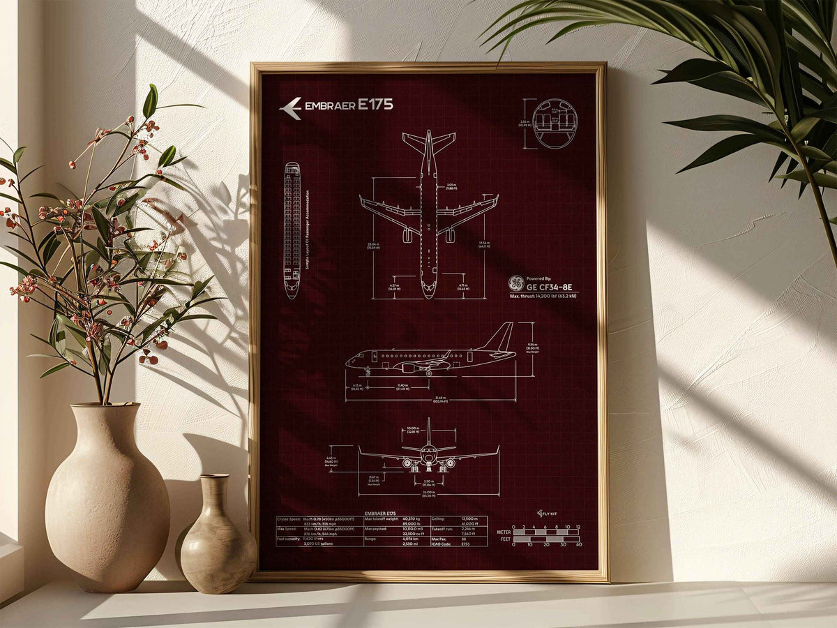 Embraer E175 Portrait Blueprint Poster by FlyKit showing detailed aircraft technical drawings on dark red background