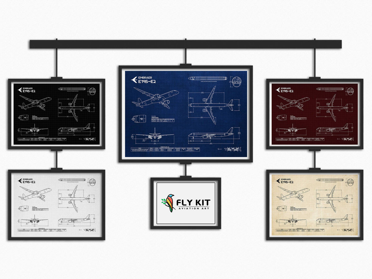 FlyKit Embraer E195-E2 Landscape Blueprint Poster collection showing detailed aircraft design in multiple color styles