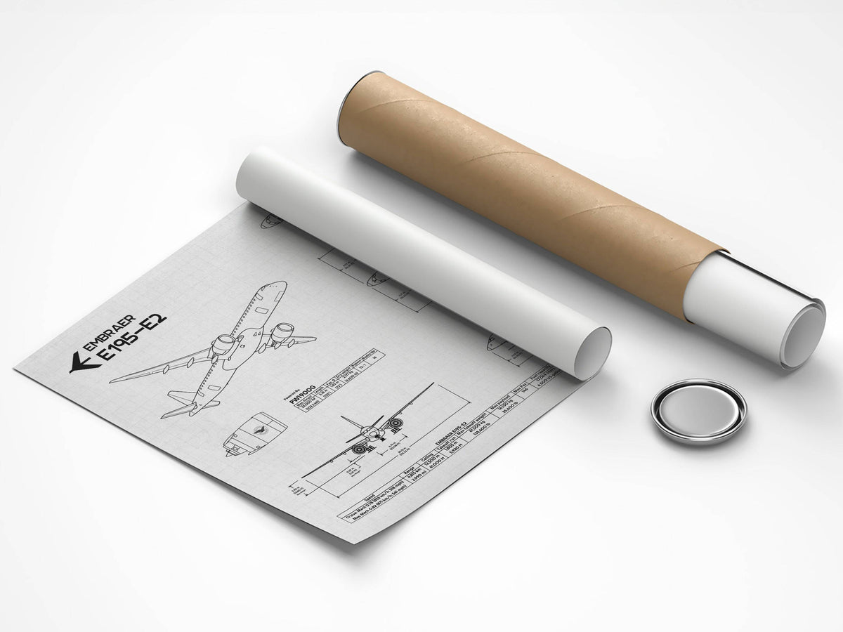 Embraer E195-E2 Landscape Blueprint Poster partially unrolled next to a protective brown shipping tube by FlyKit