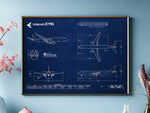 Embraer E195 Landscape Blueprint Poster by FlyKit showing detailed aircraft schematic in blue and white