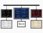 Set of five Embraer E195 Landscape Blueprint Poster designs by FlyKit in various colors displayed on wall