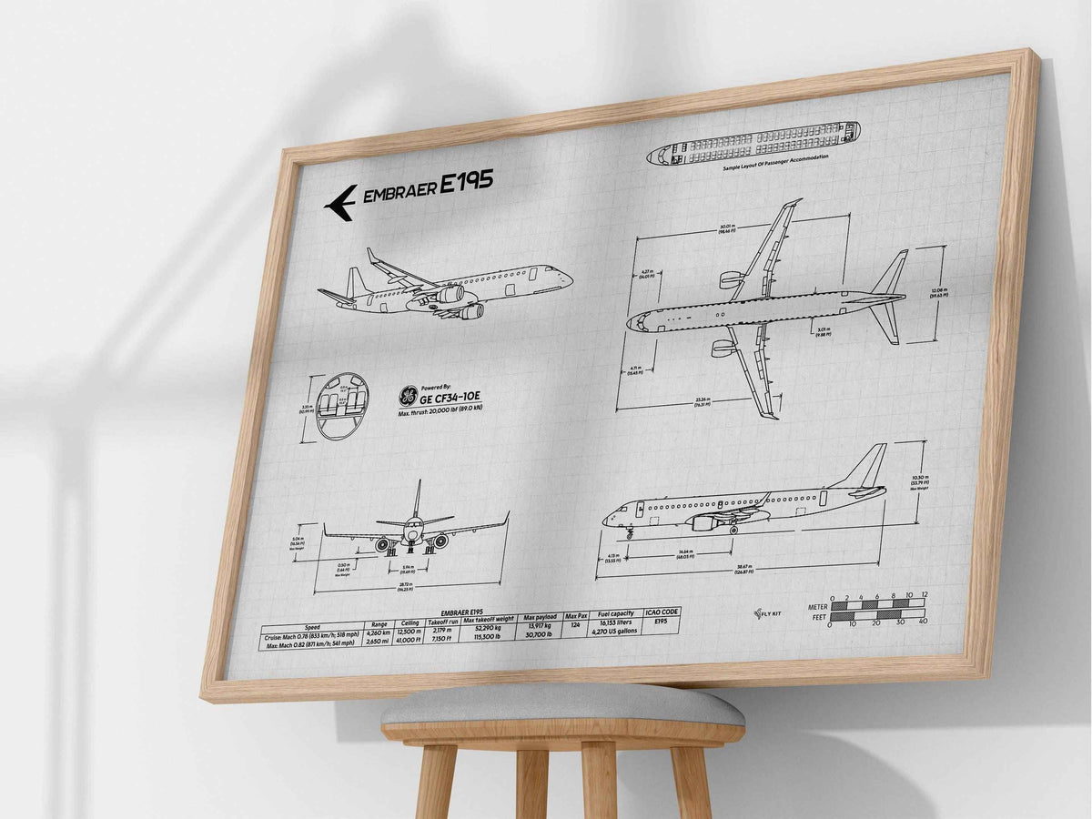 Embraer E195 Landscape Blueprint Poster by FlyKit showing detailed airplane blueprints in a wooden frame