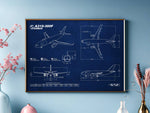 Airbus A310F Landscape Blueprint Poster by FlyKit showing detailed aircraft technical drawings in a framed wall display