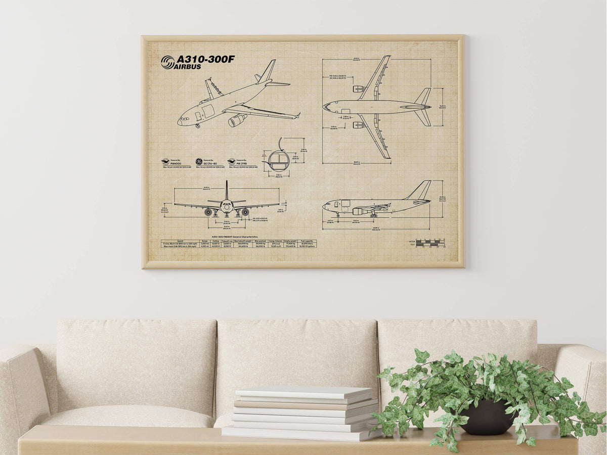 Airbus A310F Landscape Blueprint Poster by FlyKit showing detailed aircraft technical drawings in a living room