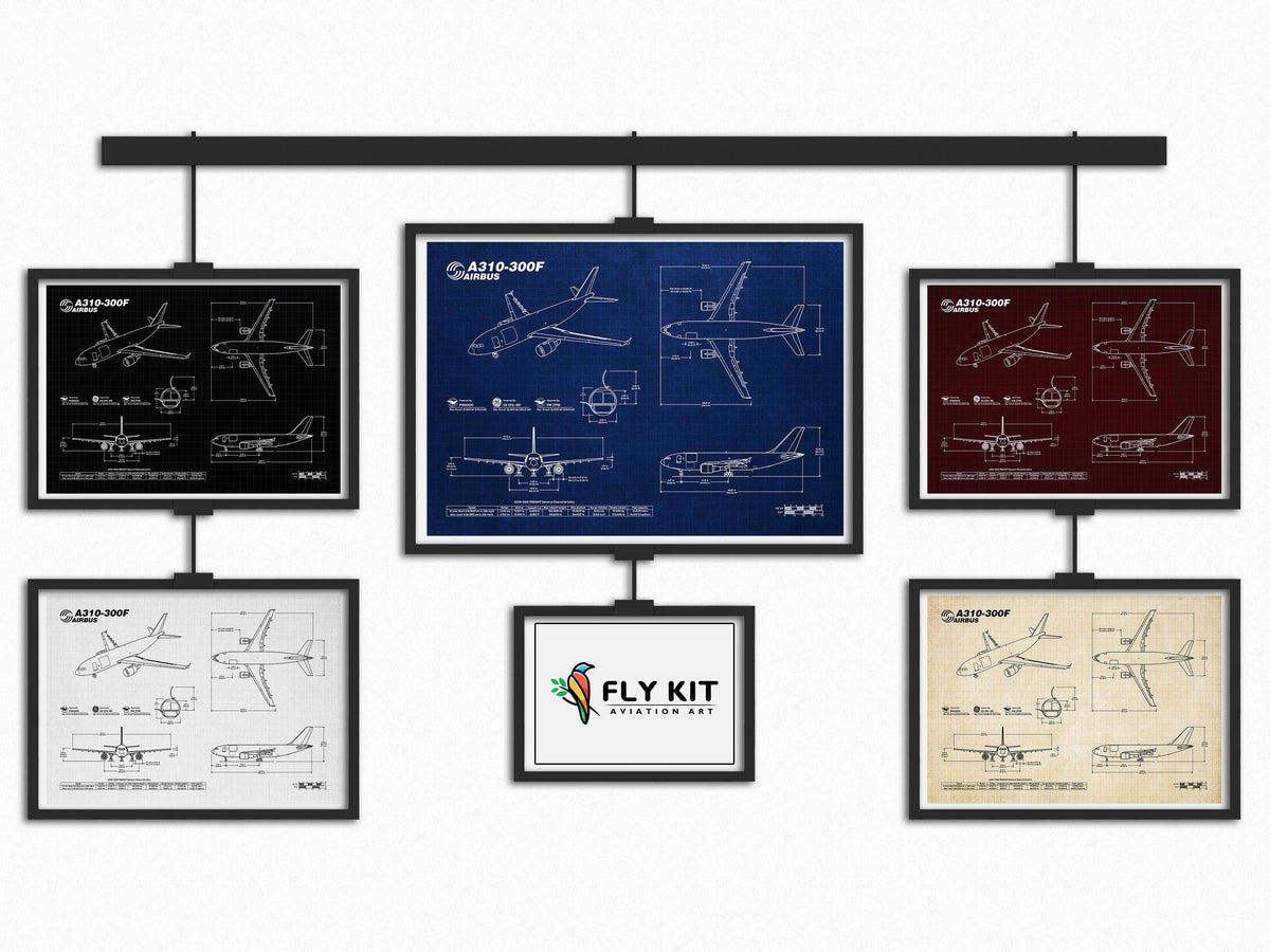 FlyKit Airbus A310F Landscape Blueprint Poster showcasing detailed aircraft technical drawings in multiple color variations