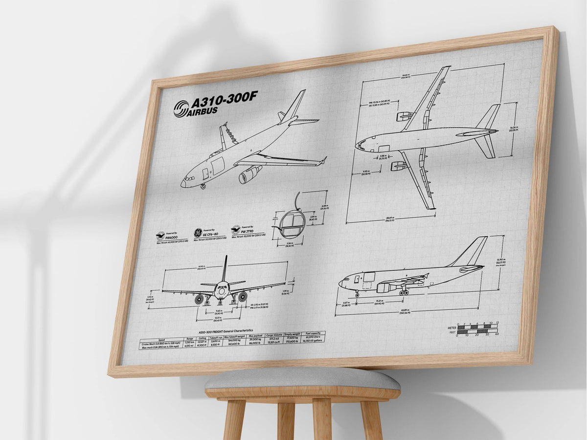 Airbus A310F Landscape Blueprint Poster by FlyKit showing detailed aircraft technical drawings
