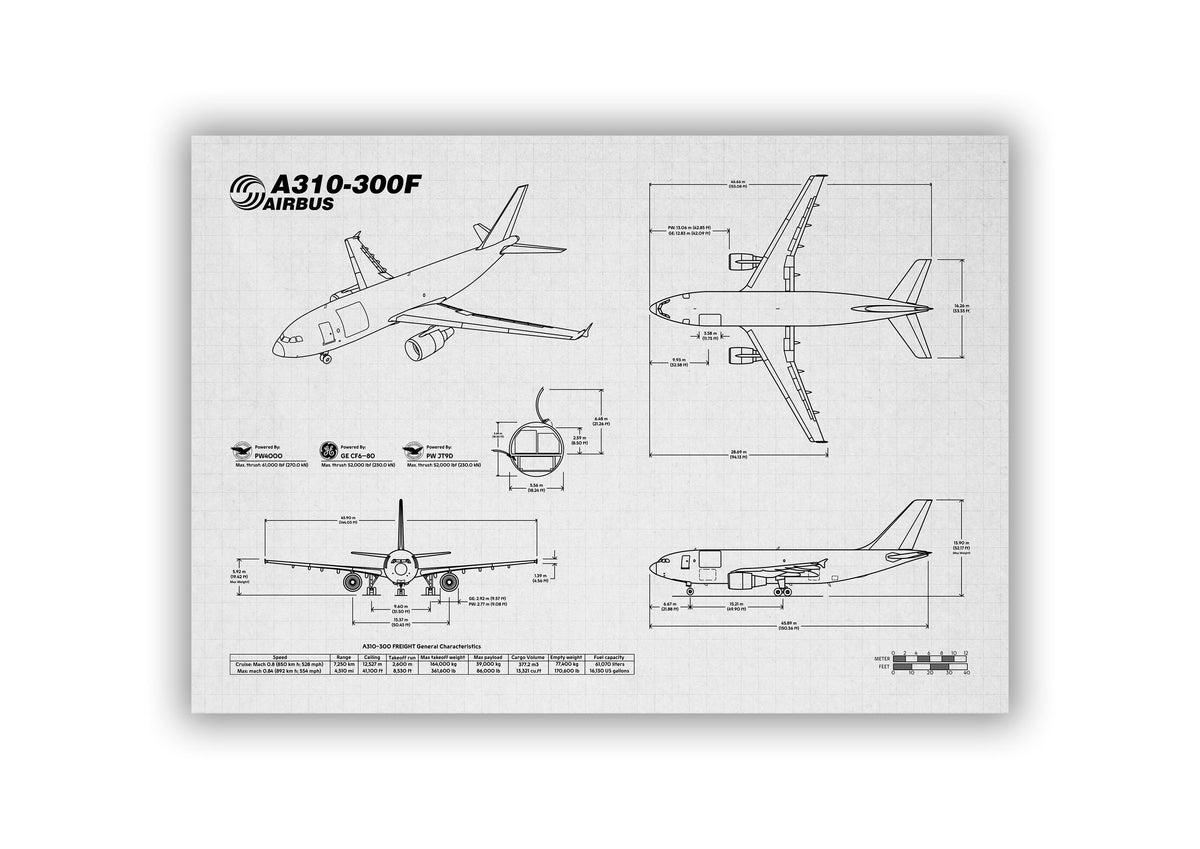 Airbus A310F Landscape Blueprint Poster by FlyKit showing detailed technical airplane diagrams