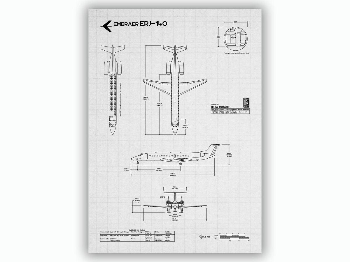 Embraer ERJ-140 Portrait Blueprint Poster