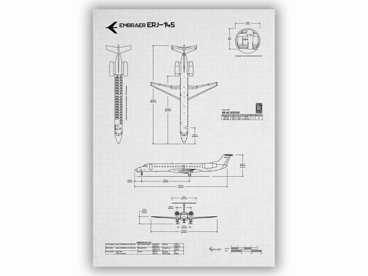Embraer ERJ-145 Portrait Blueprint Poster