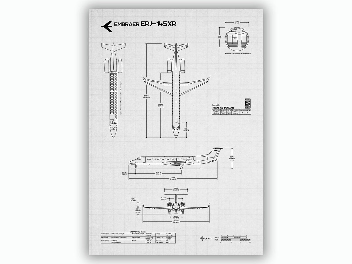 Embraer ERJ-145XR Portrait Blueprint Poster