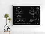 Airbus A318 Landscape Blueprint Poster by FlyKit showing detailed aircraft design on black background