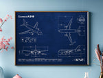 FlyKit Airbus A318 Landscape Blueprint Poster showing detailed aircraft technical drawings on blue background