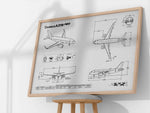 FlyKit Airbus A319neo Landscape Blueprint Poster showing detailed airplane schematic in a wooden frame