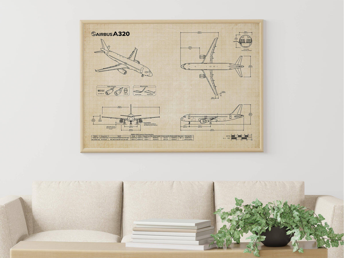 Airbus A320 Landscape Blueprint Poster by FlyKit showing detailed airplane technical drawings on wall above sofa