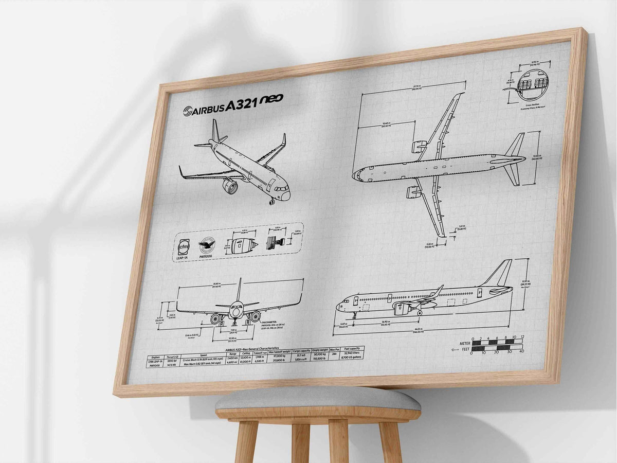 Airbus A321neo Landscape Blueprint Poster by FlyKit showing detailed aircraft design in a wooden frame