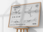 Airbus A321neo Landscape Blueprint Poster by FlyKit showing detailed aircraft design in a wooden frame