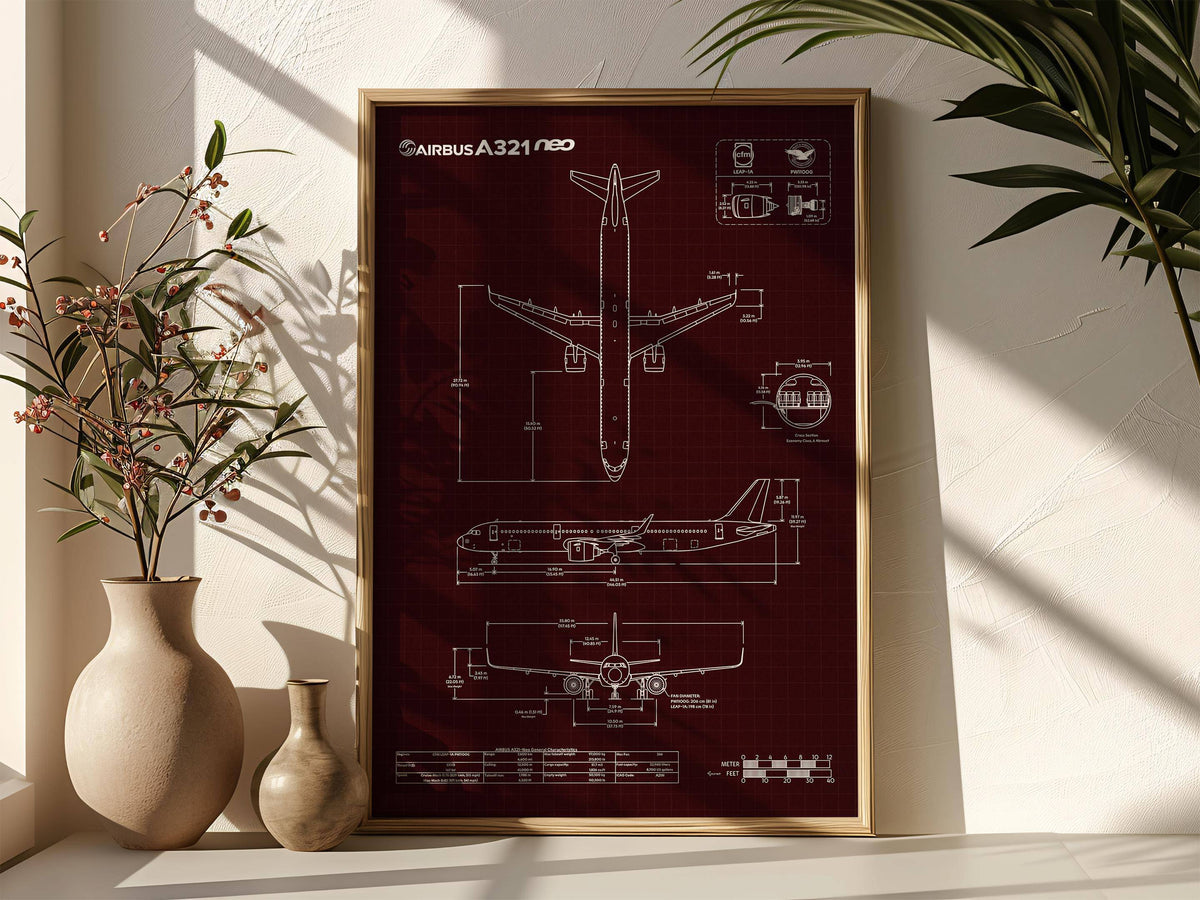 Airbus A321neo Portrait Blueprint Poster by FlyKit showing detailed aircraft technical drawings in a wooden frame