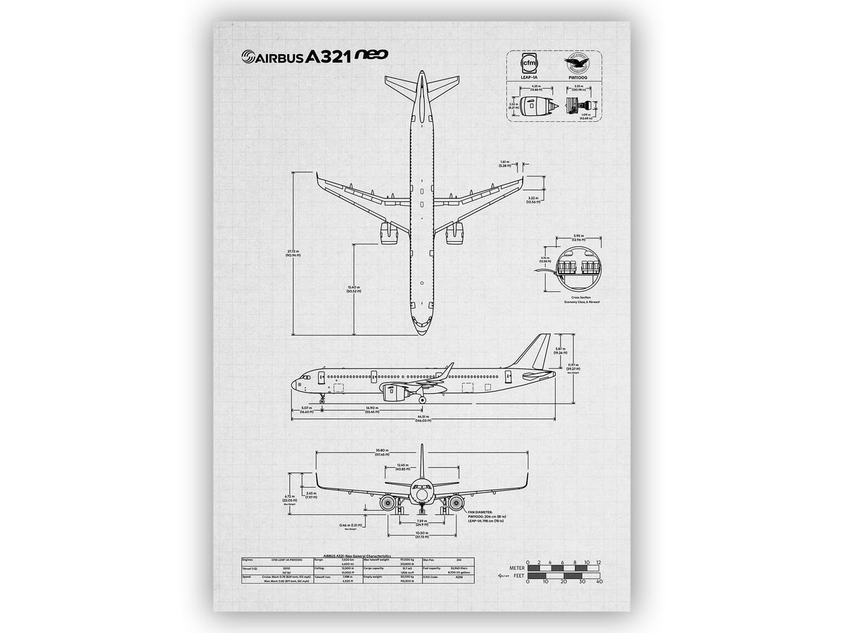 Airbus A321neo Portrait Blueprint Poster by FlyKit showing detailed aircraft technical drawings and measurements