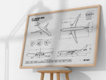 Airbus A330-300 Landscape Blueprint Poster by FlyKit showing detailed aircraft technical drawings in a wooden frame