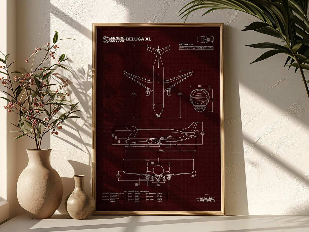 Airbus A330-700XL Beluga Portrait Blueprint Poster by FlyKit showing detailed aircraft design in brown frame