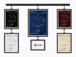Set of five Airbus A330-700XL Beluga Portrait Blueprint Posters by FlyKit in various colors displayed on a wall