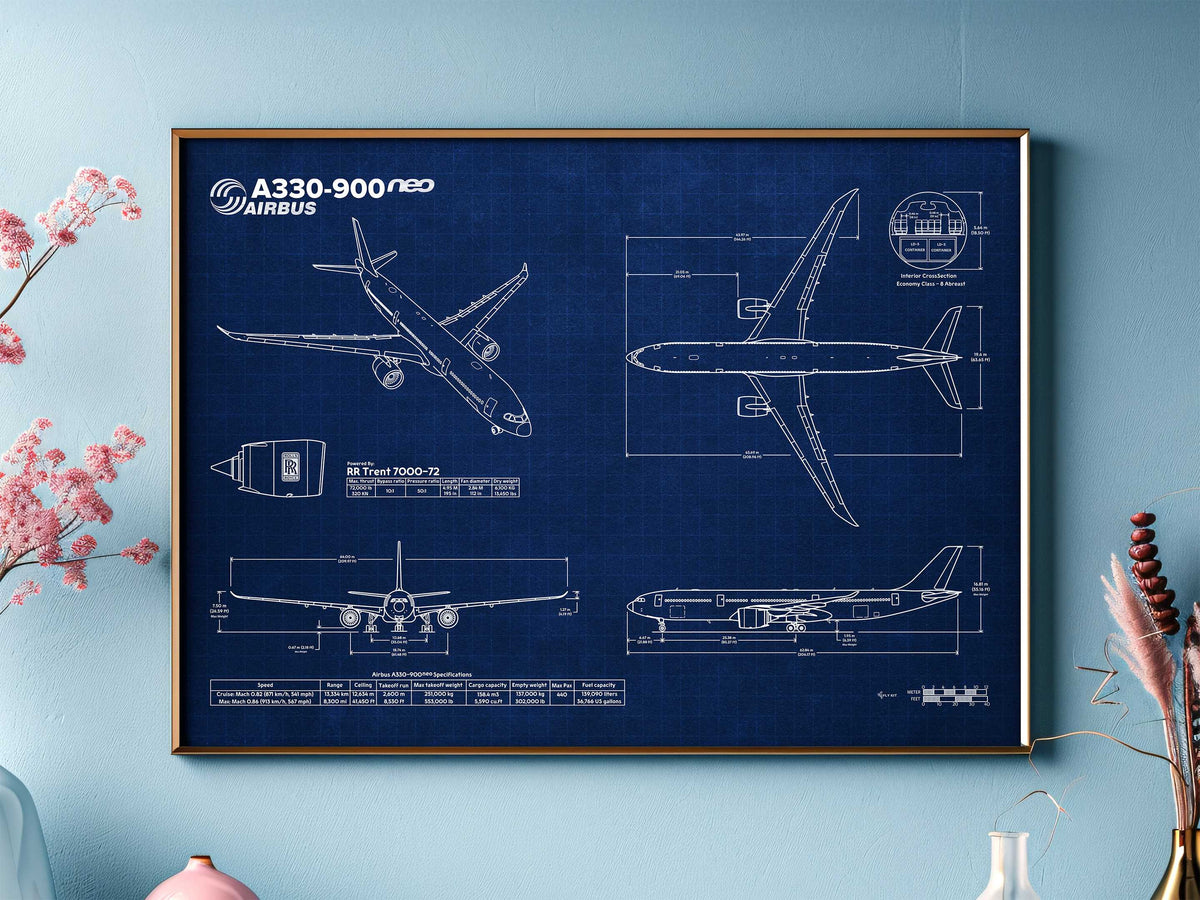 Airbus A330-900 Landscape Blueprint Poster by FlyKit showing detailed aircraft technical drawings on blue background