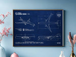 Airbus A350-1000 Landscape Blueprint Poster by FlyKit showing detailed aircraft technical drawings on a blue background
