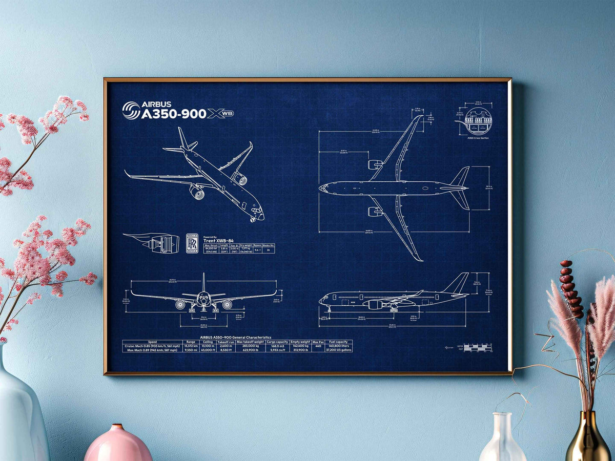 Airbus A350-900 Landscape Blueprint Poster by FlyKit showing detailed aircraft technical drawings on a blue background