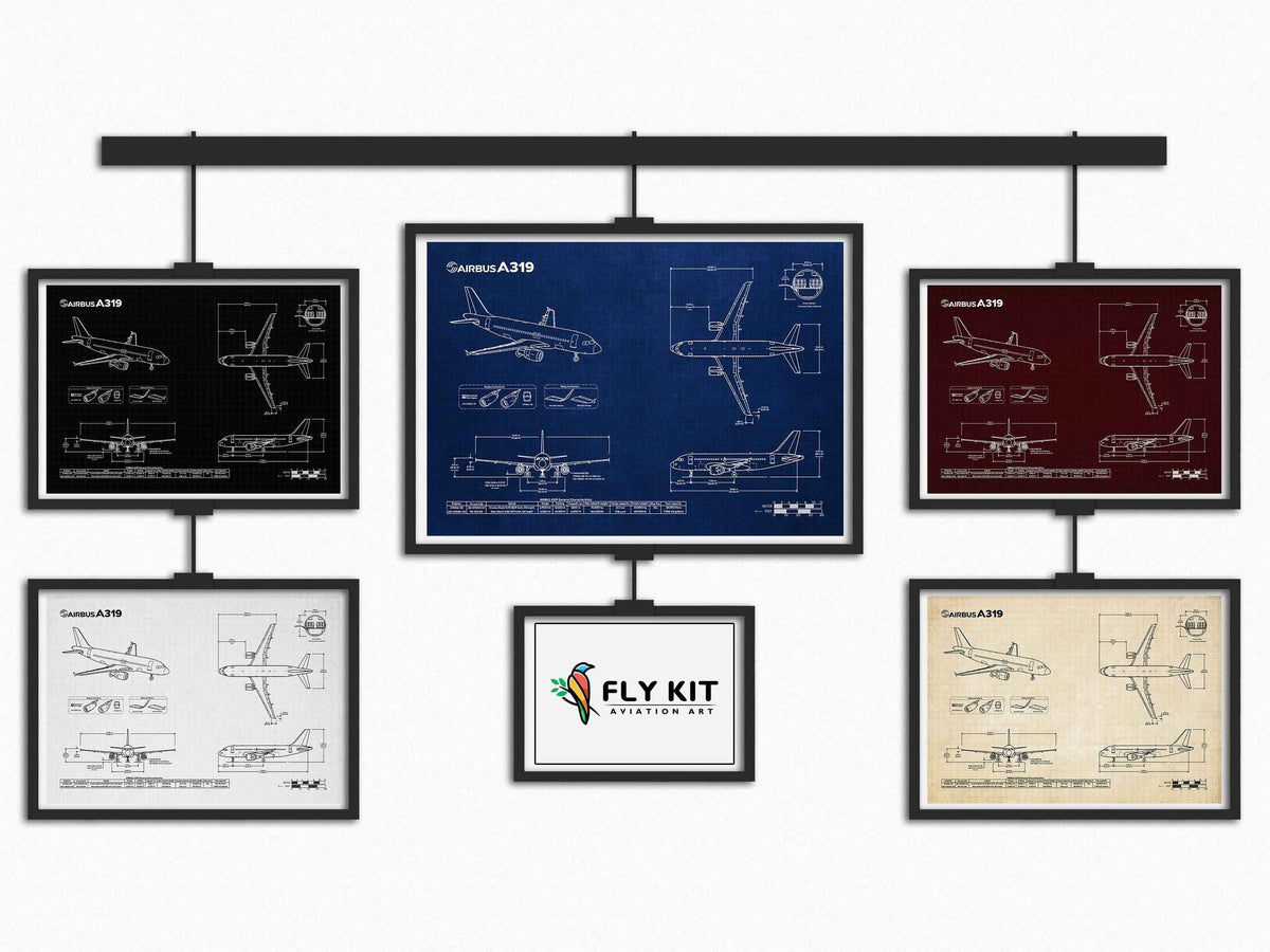 FlyKit Airbus A319 Landscape Blueprint Poster set with five framed technical airplane drawings in various colors