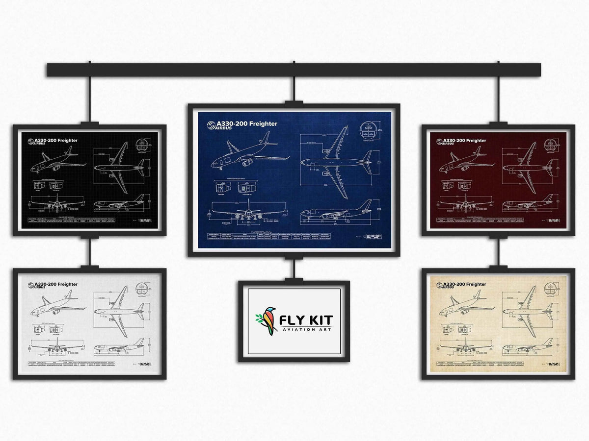 Airbus A330-200F Landscape Blueprint Poster collection by FlyKit showing multiple detailed airplane blueprints