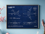 FlyKit Airbus A340-300 Landscape Blueprint Poster with detailed aircraft technical drawings in blue and white