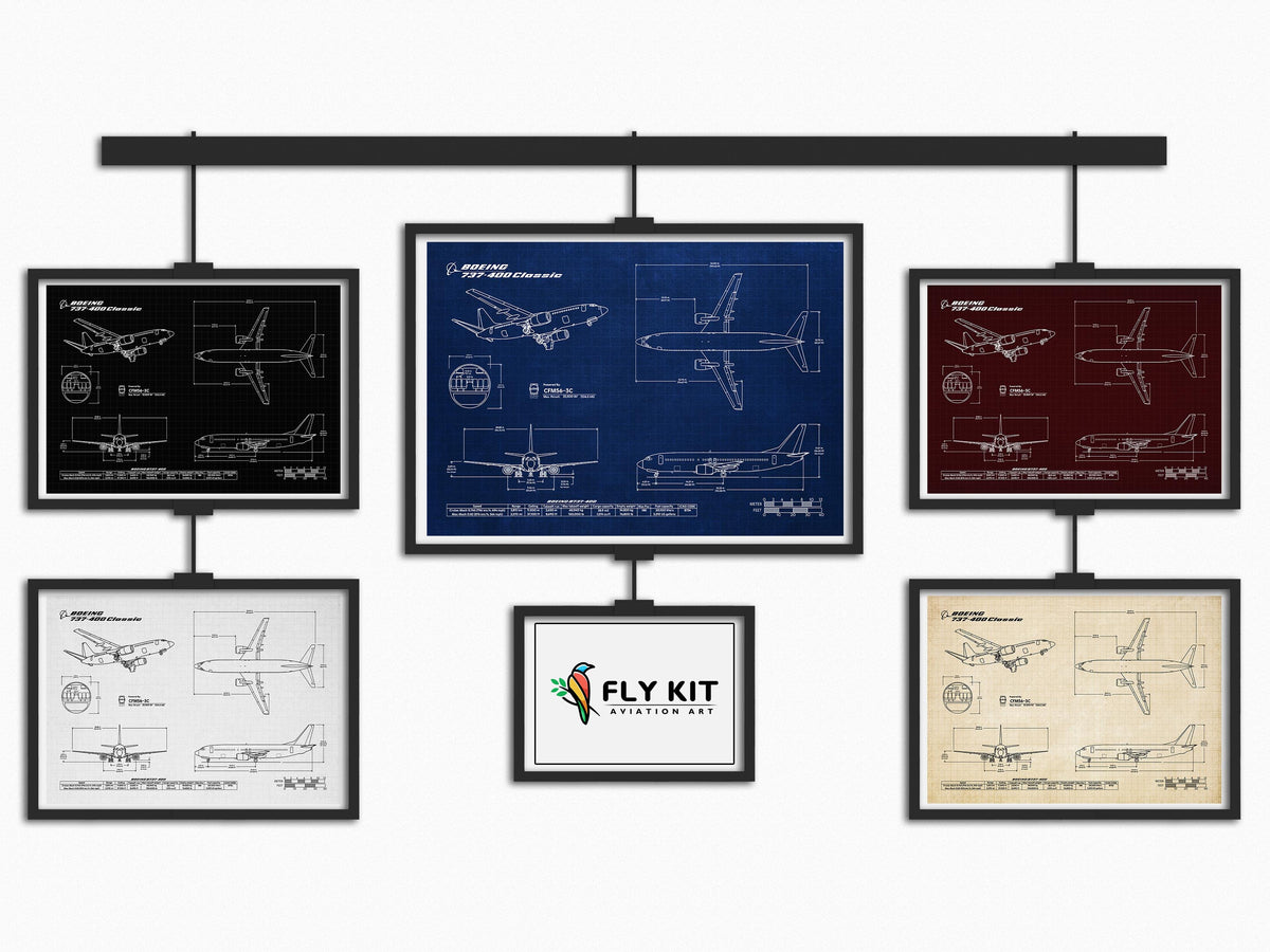 FlyKit Boeing B737-400 Landscape Blueprint Poster collection showing detailed aircraft technical drawings in various colors