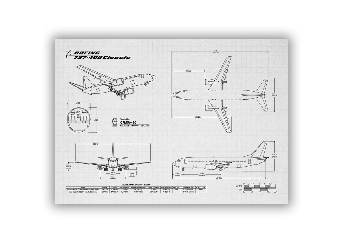 FlyKit Boeing B737-400 Landscape Blueprint Poster showing detailed aircraft technical drawings
