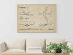 Boeing B737-700 Landscape Blueprint Poster by FlyKit showing detailed aircraft technical drawings hanging above sofa