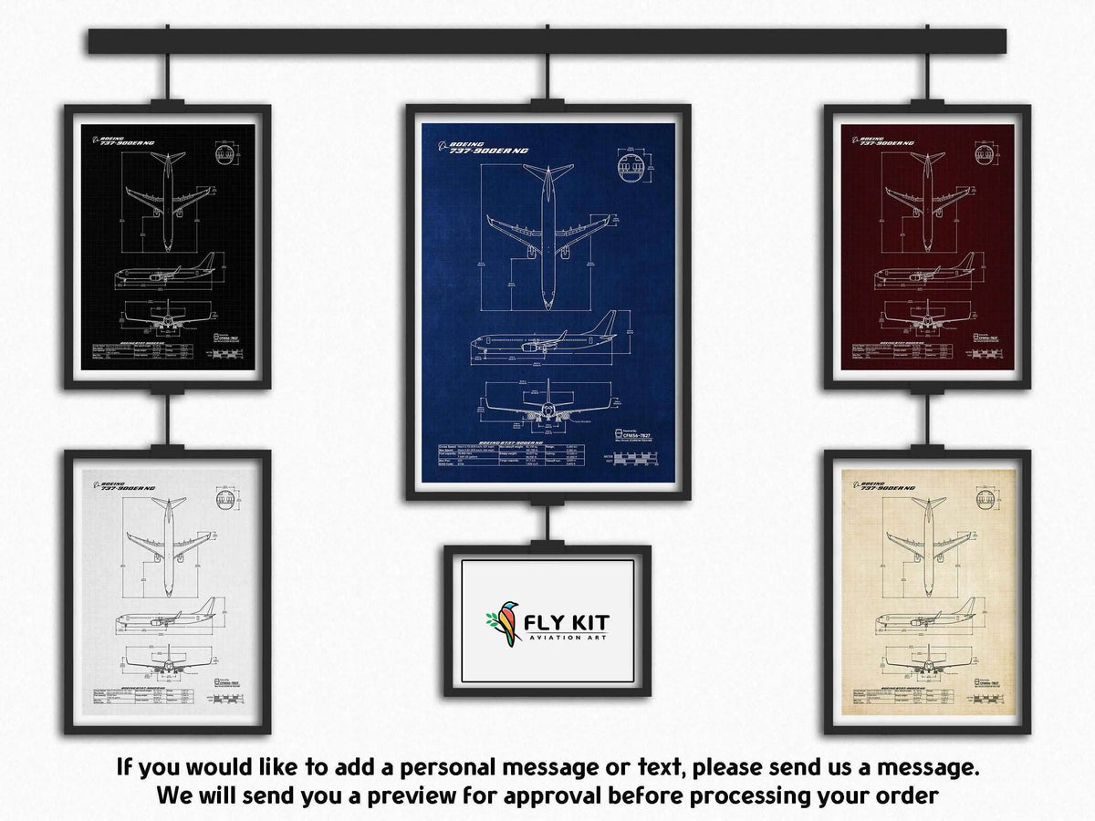 FlyKit Boeing B737-900 Portrait Blueprint Poster showing technical aircraft drawings in multiple color options