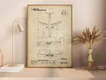 Boeing B737-900 Portrait Blueprint Poster by FlyKit showing detailed aircraft design in a wooden frame