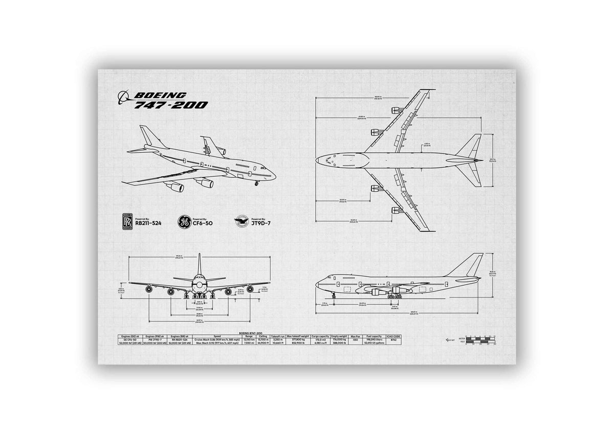 FlyKit Boeing B747-200 Landscape Blueprint Poster showing detailed aircraft design views