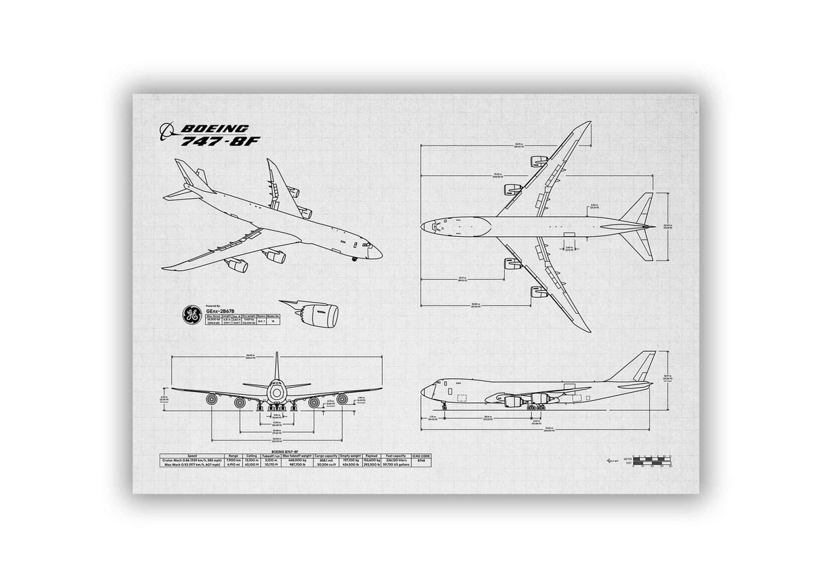 Boeing B747-8F Landscape Blueprint Poster showing detailed technical drawings from multiple angles