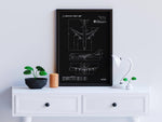 Boeing B747-8F Portrait Blueprint Poster by FlyKit displayed on a white desk with small plants and a lamp