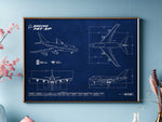 Boeing B747-SP Landscape Blueprint Poster by FlyKit showing detailed aircraft technical drawings on blue background