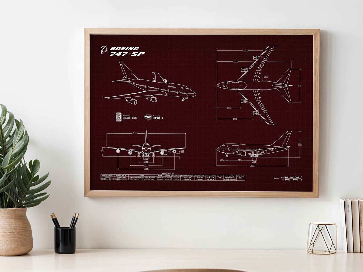 Boeing B747-SP Landscape Blueprint Poster by FlyKit showing technical aircraft design in dark red and white