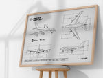 Boeing B747-SP Landscape Blueprint Poster by FlyKit showing detailed plane schematics in a wooden frame