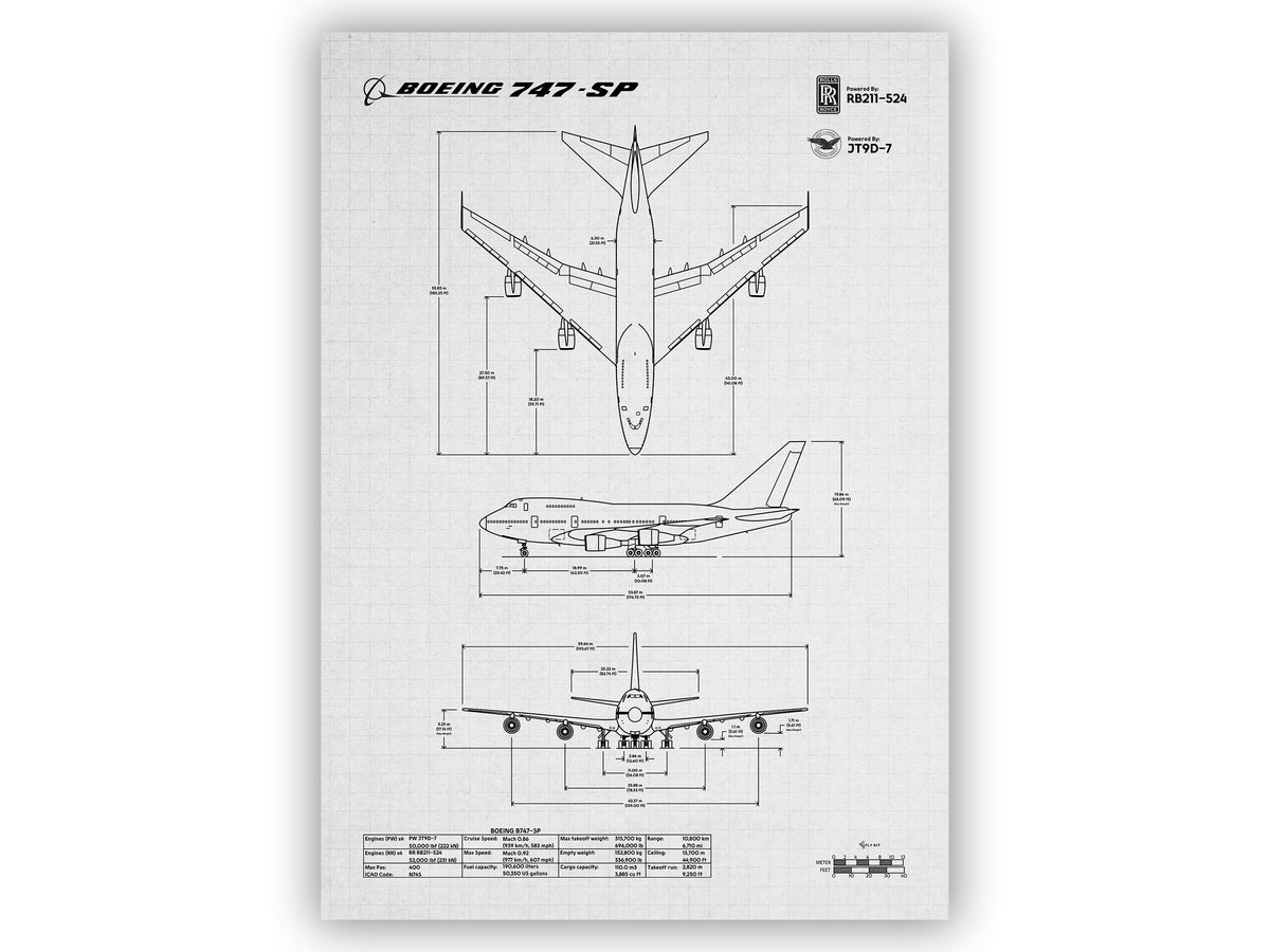 Boeing B747-SP Portrait Blueprint Poster showing detailed aircraft dimensions and views by FlyKit