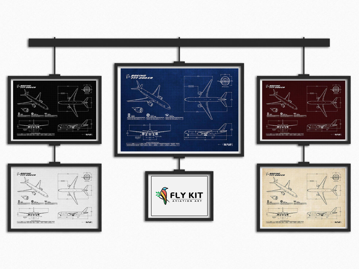 FlyKit Boeing B777-200ER Landscape Blueprint Poster collection in various color schemes displayed on a wall